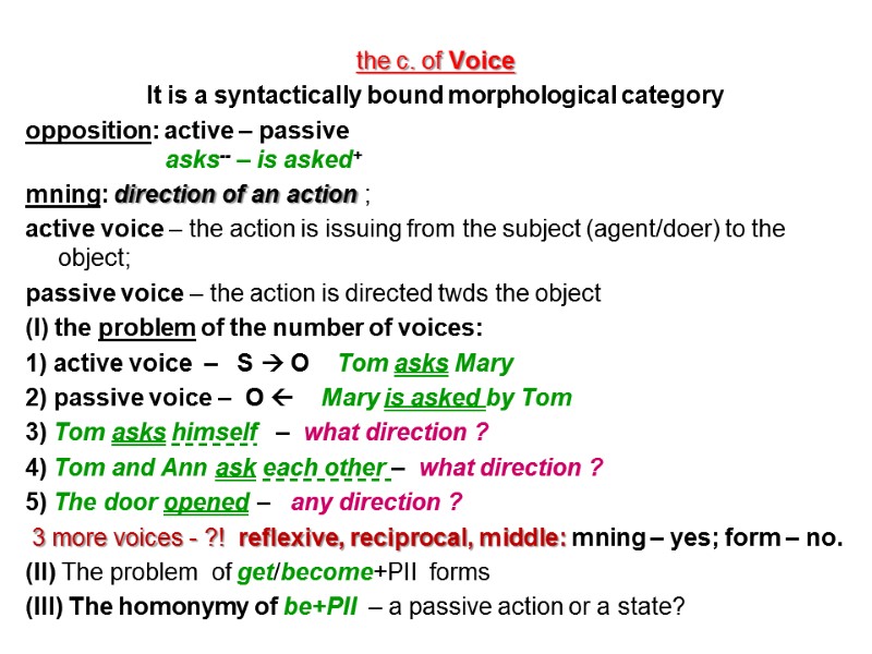 the c. of Voice   It is a syntactically bound morphological category opposition: